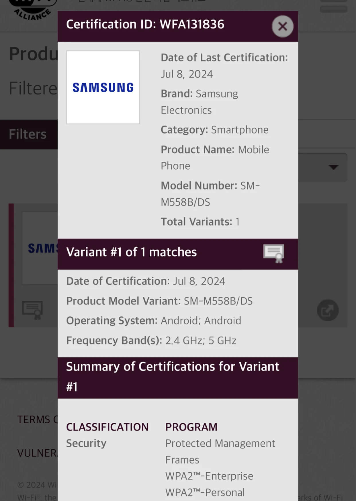 Samsung Galaxy M55s Wi-Fi Certificate