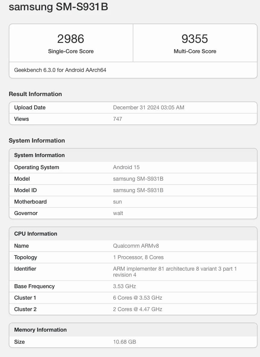 Galaxy S25 on Geekbench with Snapdragon 8 Elite processor