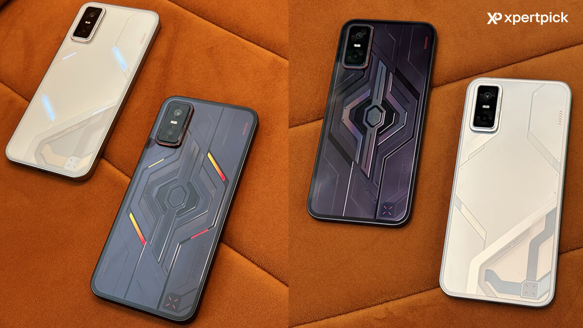 Infinix GT 30 Pro leaked live image showing Blade White and Dark Flare color variants