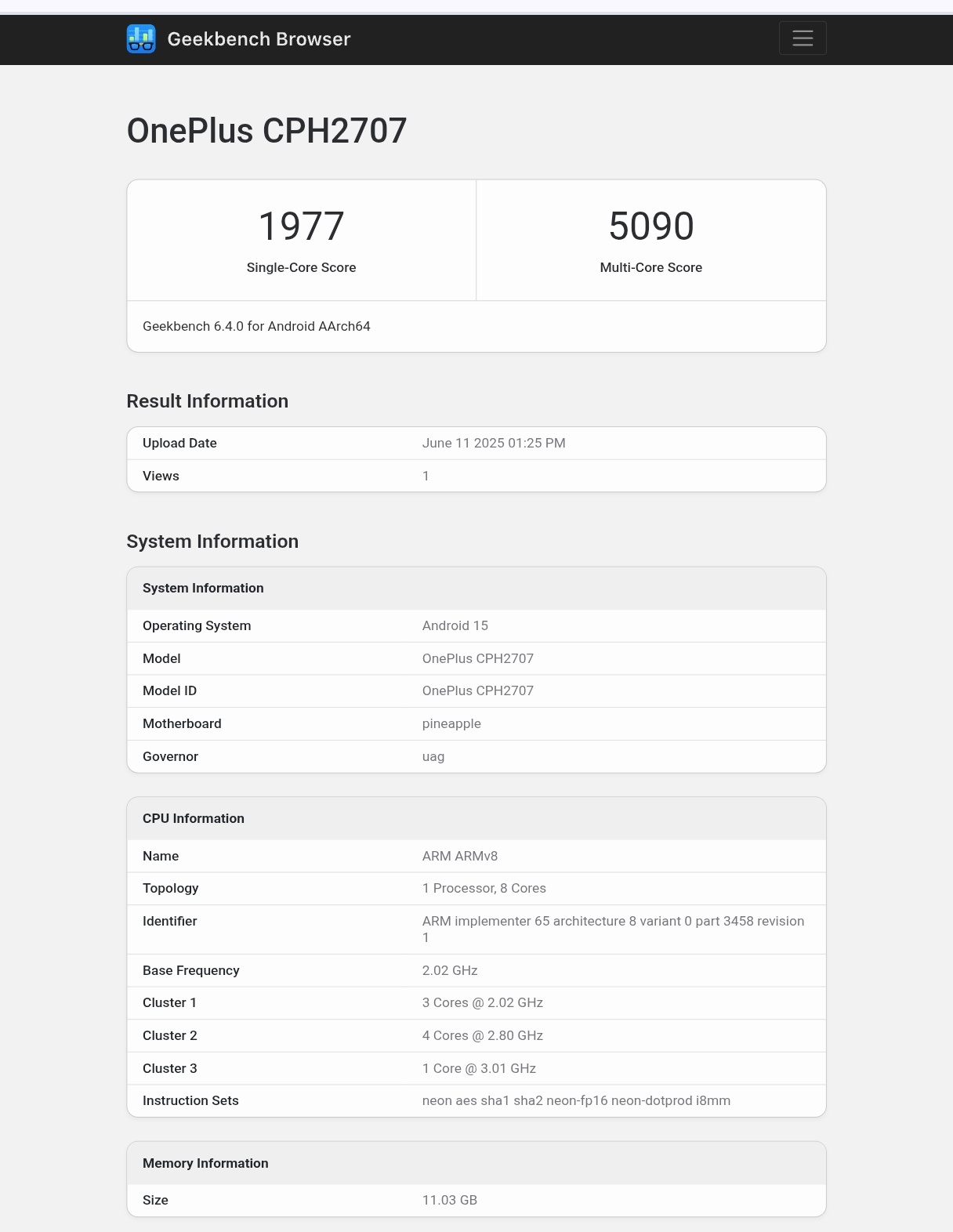 OnePlus Nord 5 Geekbench listing with Snapdragon 8s Gen 3 details