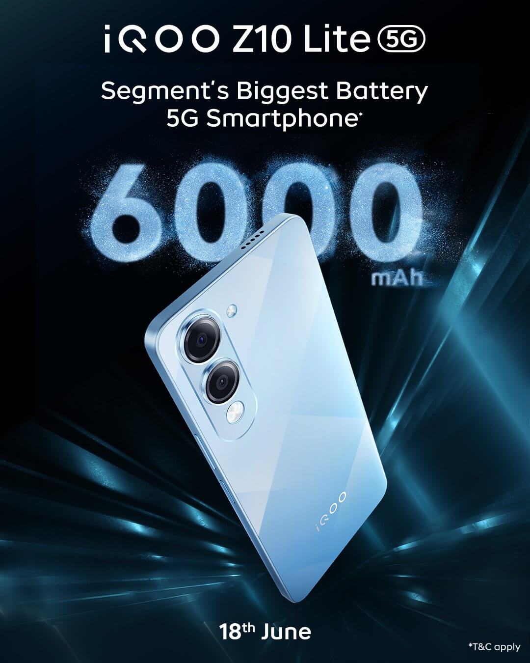 iQOO Z10 Lite Blue color variant with 6000mAh battery and June 18 India launch date