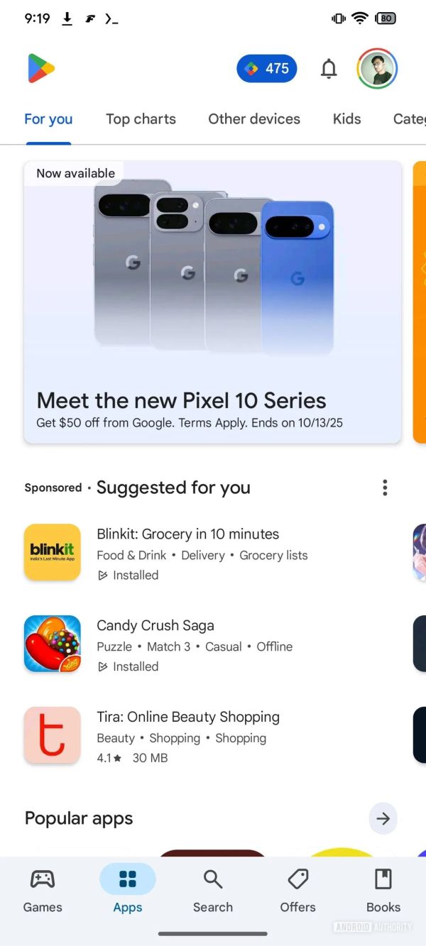 Google Play Store banner showing Pixel 10 series